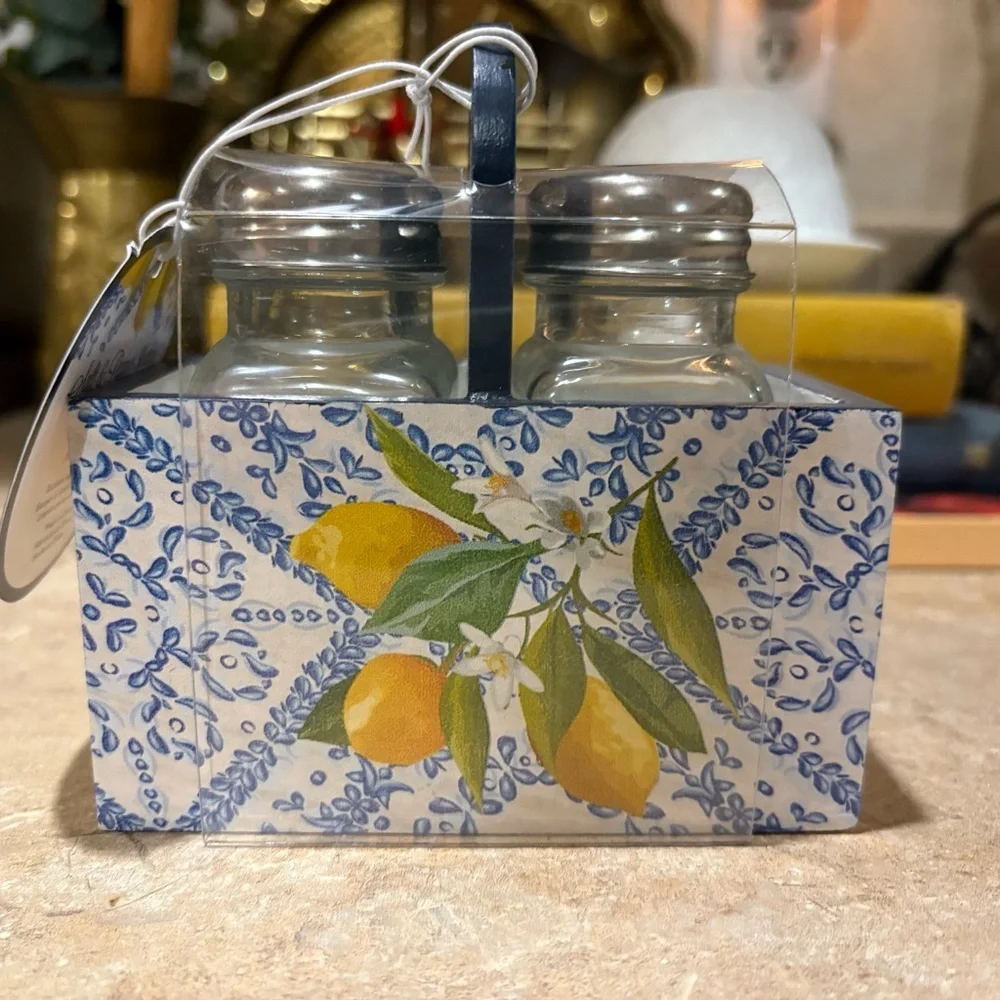 Lemon Patterned Salt and Pepper Caddy Set NWT